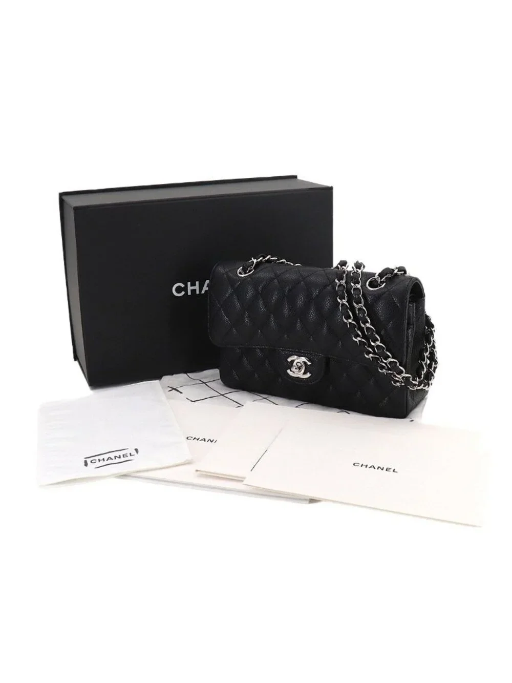 Chanel Quilted 23 Chain Shoulder Bag Caviar Leather Black Silver
